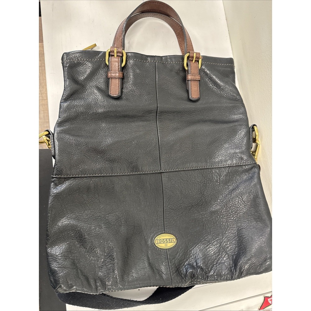 Fossil Explorer XL Black Leather Fold Over Crossbody Hobo Tote Shoulder Bag